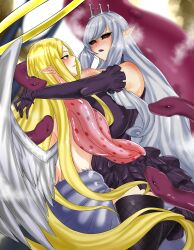 2girls absurdres alipheese_fateburn_i angel angel_wings back bare_shoulders black_sclera blonde_hair blurry closed_mouth colored_sclera crown depth_of_field detached_collar detached_sleeves dress eyes_visible_through_hair feathered_wings fishnet_thighhighs fishnets frilled_skirt frilled_sleeves frills green_eyes halo high_heels highres humanization ilias ilias_(final_form) layered_skirt long_hair mon-musu_quest! mon-musu_quest:_paradox multiple_girls nose ong_(0000ong) pointy_ears purple_dress purple_lips purple_shoes red_eyes shoes skirt snake steaming_body tentacle_arm tentacles thighhighs very_long_hair white_background white_hair white_wings wings yellow_halo yellow_wings