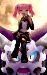 Rule 34 | 1girl, bandaid, bandaid hair ornament, black hair, blunt bangs, coral (pokemon), fang, gen 3 pokemon, glalie, hair ornament, highres, kame san, long sleeves, midriff, moon, multicolored hair, navel, nintendo, open mouth, pink hair, pokemon, pokemon (anime), pokemon (creature), pokemon horizons, sitting on pokemon, skin fang, sleeves past fingers, sleeves past wrists, twintails, twitter username, two-tone hair