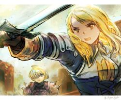 Rule 34 | 1boy, 1girl, agrias oaks, ahoge, ajino g10a, armor, blonde hair, braid, breastplate, brown gloves, building, final fantasy, final fantasy tactics, gloves, holding, holding sword, holding weapon, open mouth, ramza beoulve, short hair, shoulder pads, shoulder spikes, spikes, sword, upper body, weapon, yellow eyes