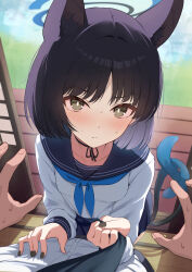 1boy 1girl absurdres animal_ears aoto_mei black_eyes black_hair black_nails black_sailor_collar black_skirt blue_archive blue_halo blue_neckerchief blush breasts cat_ears cat_girl cat_tail closed_mouth clothes_grab commentary_request halo highres kikyou_(blue_archive) long_sleeves looking_at_viewer multiple_tails neckerchief necktie necktie_grab neckwear_grab partial_commentary pleated_skirt pov pov_hands sailor_collar school_uniform shirt short_hair skirt small_breasts sweat tail two_tails white_shirt