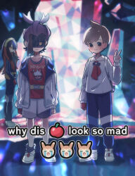 1girl 2boys blue_pants brown_hair carmine_(pokemon) cave_interior closed_mouth collarbone collared_shirt commentary_request florian_(pokemon) furret gen_2_pokemon gloves hand_up jacket kieran_(pokemon) maccha_pamocute meme multiple_boys nintendo open_clothes open_jacket pants pokemon pokemon_sv red_gloves red_shirt shaded_face shirt shoes short_hair shorts single_glove smile socks standing sweat v white_footwear white_jacket white_shirt white_shorts why_dis_ninja_look_so_mad_(meme) yellow_eyes