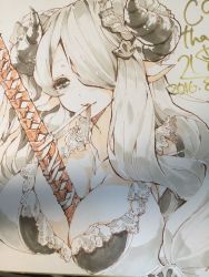 10s 1girl 218 between_breasts breasts cleavage draph female_focus granblue_fantasy grey_hair hair_over_one_eye highres horns katana large_breasts long_hair mouth_hold narmaya_(granblue_fantasy) pointy_ears solo sword upper_body weapon