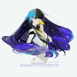 1girl 2017 aqua_hair bandaid black_hair blue_hair cropped_torso floating_hair grey_eyes hand_up illustration.media looking_at_viewer multicolored_hair neckerchief nekosuke_(oxo) original signature simple_background solo white_background yellow_neckerchief