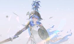 Rule 34 | 1girl, armor, black bridal gauntlets, blue cape, blue hair, breasts, bridal gauntlets, cape, closed mouth, gladiator, hair between eyes, helmet, highres, holding, holding shield, holding sword, holding weapon, looking at viewer, medium breasts, minglu (gululu), mya (wuthering waves), shield, short hair, shoulder armor, solo, sword, tacet mark (wuthering waves), weapon, white background, wuthering waves, yellow eyes