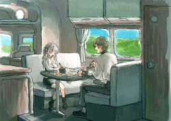 1boy 1girl alternate_costume black_footwear black_pants black_skirt blush booth_seating boots car_interior character_request closed_eyes closed_mouth covering_own_mouth day eating food frills gathers hand_over_own_mouth koze_niire layered_sleeves long_hair long_sleeves makaino_ririmu mole mole_under_eye motor_vehicle motorhome nijisanji pants platform_boots platform_footwear profile recreational_vehicle ringlets shirt shoes short_hair short_over_long_sleeves short_sleeves sitting skirt smile twintails virtual_youtuber white_shirt wide_shot