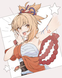 1girl absurdres arm_tattoo arm_up armpits blonde_hair blush bracelet breasts butterfly_choker cheering chest_sarashi chest_tattoo choker cleavage emphasis_lines eyes_visible_through_hair fang fish_tattoo flower_tattoo genshin_impact hair_between_eyes highres japanese_clothes jewelry kimono large_breasts light_blush medium_hair orange_kimono origami_gyokuo ponytail red_choker rope sarashi sash shimenawa shouting_with_hands sidelocks simple_background single_sidelock smile solo star_(symbol) tattoo teeth upper_body vision_(genshin_impact) yellow_eyes yoimiya_(genshin_impact) yukata