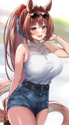 1girl animal_ears bag bare_arms bare_shoulders belt black_belt blue_shorts blush bracelet breasts brown_eyes brown_hair brown_tail commentary_request cowboy_shot daiwa_scarlet_(umamusume) eyewear_on_head hair_intakes high-waist_shorts highres holding holding_bag horse_ears horse_girl horse_tail jewelry large_breasts long_hair looking_at_viewer open_mouth ponytail red-framed_eyewear red_bag sg_(esujii) shirt shirt_tucked_in short_shorts shorts sleeveless sleeveless_shirt smile solo sunglasses tail umamusume white_shirt