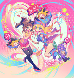 &gt;_&lt; 2girls 3boys absurdres bare_shoulders black_hair blonde_hair blue_eyes blue_footwear blush blush_stickers boots breasts brown_hair character_name chibi choker commentary_request dark_magician dark_magician_girl duel_monster colored_bangs green_eyes hair_between_eyes hat heart heart_hands heart_hands_duo heart_in_heart_hands highres large_breasts long_hair looking_at_viewer mazaki_anzu medium_hair multicolored_hair multiple_boys multiple_girls muto_yugi open_mouth ponytail purple_eyes school_uniform skirt sleeveless smile spiked_hair staff thighhighs twitter_username wand wizard_hat yami_yugi youchengyan yu-gi-oh! yu-gi-oh!_duel_monsters