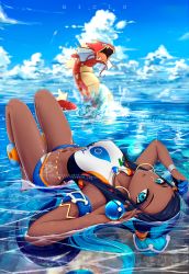 1girl alternate_color aqua_eyes aqua_hair armlet belly_chain bicio bikini black_hair caustics cloud dark-skinned_female dark_skin day earrings eyeliner eyeshadow gen_1_pokemon gloves gyarados gym_leader hair_bun highres holding holding_poke_ball hoop_earrings jewelry long_hair lying makeup multicolored_hair necklace nessa_(pokemon) nintendo ocean on_back partially_fingerless_gloves poke_ball pokemon pokemon_(creature) pokemon_swsh shiny_pokemon single_hair_bun sky sportswear swimsuit tankini two-tone_hair water watermark web_address