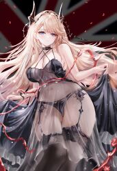 Rule 34 | 1girl, absurdres, age fx, azur lane, bare shoulders, black dress, black panties, blonde hair, blue eyes, blush, breasts, cleavage, commentary request, dress, from below, garter straps, glorious (azur lane), glorious (meta) (azur lane), grin, hair over one eye, highres, hip focus, horns, light smile, long hair, looking at viewer, looking down, medium breasts, medium dress, navel, panties, see-through clothes, see-through dress, sleeveless, sleeveless dress, smile, solo, stomach, thighhighs, thighs, underwear, union jack, very long hair