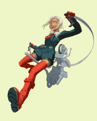 Rule 34 | 00s, 1girl, absurdres, ascot, blue dress, boots, dress, female focus, foreshortening, full body, gloves, highres, lal&#039;c mellk mal, mi lu-zi, open mouth, orange eyes, red boots, red gloves, romper, solo, thighhighs, thumb hole, top wo nerae! (series), top wo nerae 2!, white hair