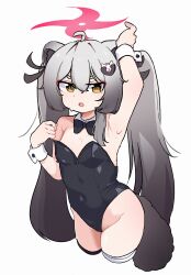 1girl absurdres ahoge animal_ears arm_up armpit_focus armpits bare_hips bare_shoulders black_leotard blue_archive bow bowtie breasts commentary covered_navel cropped_legs detached_collar dit_dit eyeshadow gradient_hair grey_hair groin hair_between_eyes halo hashtag-only_commentary highleg highleg_leotard highres leotard long_hair looking_at_viewer makeup michiru_(blue_archive) multicolored_hair open_mouth playboy_bunny presenting_armpit raccoon_ears raccoon_girl raccoon_hair_ornament raccoon_tail red_eyeshadow red_halo short_eyebrows simple_background small_breasts solo strapless strapless_leotard sweat symbol-only_commentary tail traditional_bowtie twintails white_background wrist_cuffs yellow_eyes