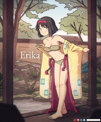 1girl architecture black_hair bra east_asian_architecture erika_(pokemon) grey_eyes headband japanese_clothes keetydraws kimono nintendo panties pokemon tree underwear undressing water