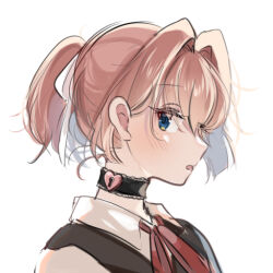 Rule 34 | 1girl, black vest, blue eyes, collared shirt, dress shirt, hair intakes, hair ribbon, heart lock (kantai collection), kantai collection, kaomoji (sagor00237), pink hair, ponytail, profile, ribbon, shiranui (kancolle), shiranui kai ni (kancolle), shirt, short hair, simple background, solo, upper body, vest, white background, white shirt