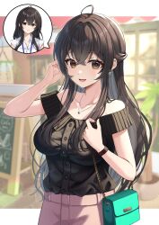 1girl absurdres ahoge bag black_shirt blurry blurry_background blush breasts brown_eyes brown_hair buttons collarbone commentary_request commission earrings half_updo handbag highres jewelry long_hair looking_at_viewer medium_breasts multiple_views necklace off-shoulder_shirt off_shoulder office_lady open_mouth original pink_skirt pixiv_commission shirt short_sleeves skirt smile solo speech_bubble upper_body wanatsu_15