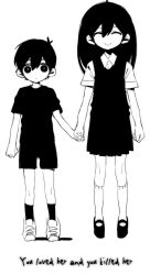 1boy 1girl aged_down antenna_hair arms_at_sides bright_pupils brother_and_sister closed_mouth collared_shirt dot_nose double-parted_bangs english_text facing_viewer full_body greyscale hair_behind_ear hair_between_eyes hashtag-only_commentary high_contrast highres holding_hands jaggy_lines kneehighs long_hair looking_at_viewer mari_(faraway)_(omori) mari_(omori) mary_janes miniskirt monochrome my_loleeta noose omori pleated_skirt shirt shoes short_hair short_sleeves shorts siblings simple_background skirt smile socks spoilers standing straight-on straight_hair sunny_(omori) sweater_vest t-shirt white_background