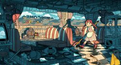 1girl :&gt; apron arcade_cabinet artist_name balloon braid bucket bucket_spill canalbooks1125 closed_mouth collared_dress commentary crane_game curtains diner dress frilled_apron frills hanging_light heart_balloon highres holding holding_mop indoors industrial_pipe ketchup_bottle long_hair looking_at_viewer mirrored_text mop mustard_bottle original puffy_short_sleeves puffy_sleeves red_footwear red_hair ripples roller_skates salt_shaker short_sleeves skates smile soap_bubbles solo spill stairs stool striped_clothes striped_dress symbol-only_commentary table tile_floor tiles twin_braids twintails vertical-striped_clothes vertical-striped_dress waist_apron wet_floor wet_floor_sign white_apron wide_shot |_|