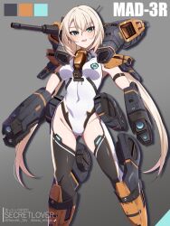 1girl absurdres aqua_eyes armor battletech black_thighhighs blonde_hair blue_eyes breasts character_name covered_navel green_eyes grey_background gun highleg highres humanization leotard long_hair looking_at_viewer low_twintails mecha_musume medium_breasts missile_pod open_mouth personification science_fiction sebunsu shoulder_cannon smile solo thighhighs twintails weapon white_leotard