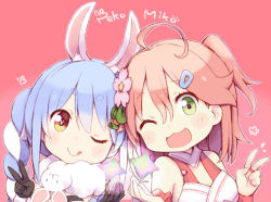 2girls :3 :d ;q ahoge animal_ear_fluff animal_ears armband bare_shoulders black_gloves blue_hair blush braid breasts cleavage closed_mouth commentary commentary_request don-chan_(usada_pekora) flower gloves green_eyes hair_between_eyes hair_flower hair_ornament hairclip head hololive kuro_(kuroneko_no_kanzume) long_braid long_hair looking_at_viewer medium_hair minecraft multicolored_hair multiple_girls nether_star nontraditional_miko one_eye_closed one_side_up open_mouth orange_eyes outline pink_background pink_hair rabbit_ears rabbit_girl sakura_miko sakura_miko_(old_design) simple_background smile symbol-only_commentary symbol_in_eye tongue tongue_out two-tone_hair upper_body usada_pekora usada_pekora_(1st_costume) v virtual_youtuber white_outline