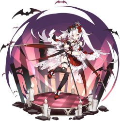 1girl azur_lane bare_shoulders bat_wings black_thighhighs black_vest bow candle crown detached_sleeves finger_to_mouth floating_hair frilled_thigh_strap full_body hair_bow high_heels highres idol leg_up long_hair looking_at_viewer microphone_stand mini_crown miniskirt official_art over-kneehighs pleated_skirt red_eyes red_footwear red_skirt saru shirt skirt solo stage_lights thigh_strap thighhighs tongue tongue_out transparent_background twintails vampire_(azur_lane) vampire_(night_princess_idol)_(azur_lane) very_long_hair vest white_hair white_shirt wings