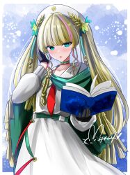1girl azur_lane belt beret black_gloves blonde_hair blue_eyes blunt_bangs blush book choker dress giosue_carducci_(azur_lane) gloves hair_ornament hat hisin holding holding_book long_hair long_sleeves looking_at_viewer multicolored_hair necktie open_book parted_lips pink_hair red_necktie signature solo streaked_hair twintails white_dress