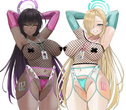 2girls absurdres armpits arms_behind_head asuna_(blue_archive) black_hair blonde_hair blue_archive blue_eyes blue_gloves blue_halo blue_panties breasts closed_mouth commentary cross cross_pasties dark-skinned_female dark_skin elbow_gloves fishnet_thighhighs fishnet_top fishnets gloves groin hair_over_one_eye halo high-waist_panties highres id_photo karin_(blue_archive) lanyard large_breasts leg_tattoo long_hair miz_blank multicolored_hair multiple_girls navel number_tattoo panties pasties presenting_armpit purple_gloves purple_hair purple_halo purple_panties simple_background smile tattoo thighhighs two-tone_hair underwear very_long_hair white_background white_thighhighs yellow_eyes
