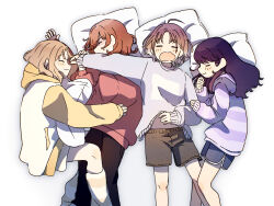 4girls =_= ^_^ absurdres ahoge asakura_toru black_pants black_shorts brown_hair closed_eyes drooling feet_out_of_frame fukumaru_koito highres higuchi_madoka ichikawa_hinana idolmaster idolmaster_shiny_colors long_hair lying mouth_drool multiple_girls noctchill_(idolmaster) on_back on_side pants pillow purple_hair short_hair shorts sleeping two-tone_hoodie yuumaru_(awhc7334)