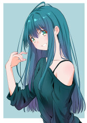 Rule 34 | 1girl, blue background, blue eyes, blue hair, blue shirt, blue theme, border, collarbone, long hair, looking to the side, off-shoulder shirt, off shoulder, original, outside border, shirt, simple background, smile, solo, teeth, upper teeth only, white border, yamanaka kouji (yanchiki2001)