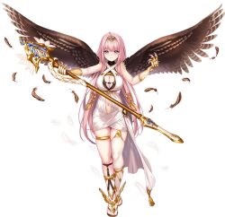 1girl artist_request asymmetrical_legwear bad_source bare_arms blue_eyes breasts brown_wings cleavage falling_feathers feathered_wings feathers full_body game_cg gloves holding holding_staff lefka_(sennen_sensou_aigis) light_smile long_hair navel official_art pink_hair sandals sennen_sensou_aigis solo staff third-party_source transparent_background wings