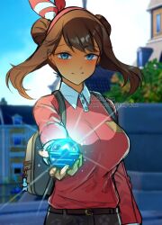1girl ariekochan backpack bag bandana belt blue_eyes blush bow_hairband breasts brown_hair hairband holding holding_poke_ball long_sleeves looking_at_viewer may_(pokemon) nintendo pants poke_ball pokemon pokemon_rse pokemon_sv red_bandana red_shirt school_uniform shirt smile solo