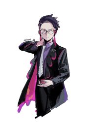 1boy arm_up black_coat black_pants closed_mouth coat collared_shirt commentary_request corbeau_(pokemon) cropped_legs frown glasses hand_on_own_neck highres lapels long_sleeves looking_to_the_side male_focus necktie nintendo open_clothes open_coat pants parted_hair pokemon pokemon_legends:_z-a purple_hair purple_shirt round_eyewear shirt shirt_tucked_in short_hair sideways_glance simple_background solo tassel towa2_138 twitter_username two-sided_coat two-sided_fabric white_background white_necktie wing_collar yellow_eyes