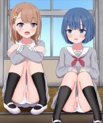2girls :d asymmetrical_bangs black_socks blue_eyes blue_hair blue_sky blush braid brown_hair cleft_of_venus clothing_aside commentary_request commission crossed_arms day grey_eyes grey_serafuku grey_shirt grey_skirt hanasato_minori highres indoors kiritani_haruka knees_up long_sleeves michou multiple_girls neckerchief on_floor open_mouth panties panties_aside pixiv_commission pleated_skirt project_sekai puffy_long_sleeves puffy_sleeves pussy red_neckerchief sailor_collar school_uniform serafuku shirt shoes short_hair sitting skirt sky sleeves_past_wrists smile socks stairs underwear white_panties white_sailor_collar white_shoes window wooden_floor