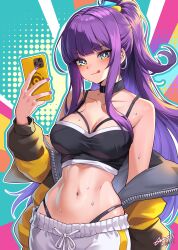 1girl :q absurdres bare_shoulders black_panties bloody0rabby breasts cellphone character_request cleavage closed_mouth collarbone commentary_request ear_piercing green_eyes halftone halftone_background highleg highleg_panties highres holding holding_phone jacket long_hair long_sleeves looking_at_viewer medium_breasts nail_polish navel panties pants phone piercing ponytail puffy_long_sleeves puffy_sleeves purple_hair purple_nails smile solo sweat tongue tongue_out trickcal underwear very_long_hair white_pants yellow_jacket