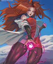 1girl abs android_21 artist_name black_nails black_pantyhose black_sleeves blue_dress blue_eyes blue_sky breasts brown_hair checkered_clothes checkered_dress cloud coat commentary covered_abs covered_erect_nipples curly_hair day detached_sleeves dragon_ball dragon_ball_fighterz dress earrings energy_ball english_commentary hoop_earrings howxen jewelry lab_coat large_breasts long_hair looking_back muscular muscular_female off_shoulder open_mouth outdoors pantyhose patreon_logo patreon_username red_dress ring single_bare_shoulder sky sleeveless sleeveless_dress solo teeth two-tone_dress upper_teeth_only watermark web_address white_coat