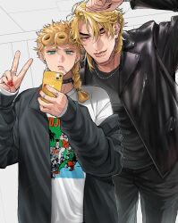 Rule 34 | 2boys, arm up, black jacket, black pants, black shirt, blonde hair, blue eyes, braid, cellphone, cigarette, closed mouth, crew neck, curtained hair, dio brando, father and son, giorno giovanna, hair behind ear, hair rings, highres, holding, holding phone, iphone, jacket, jewelry, jojo no kimyou na bouken, komiya harumoto, lapels, layered sleeves, long sleeves, male focus, multiple boys, multiple rings, nail polish, necklace, notched lapels, pants, phone, print shirt, red eyes, red nails, ring, shirt, single braid, smartphone, standing, vento aureo