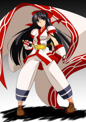 Rule 34 | 1girl, akenami yasutaka, black hair, blue eyes, breasts, expressionless, fingerless gloves, gloves, hair ribbon, highres, legs, long hair, medium breasts, nakoruru, pants, ribbon, samurai spirits, snk, solo, source request, the king of fighters, thighs, weapon