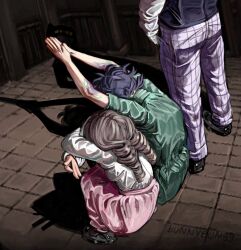 Rule 34 | 1girl, 2boys, artist name, black hair, black shoes, black vest, bon99bunny, brown hair, cat shadow puppet (meme), commentary, daan (fear &amp; hunger), drill hair, english commentary, fear &amp; hunger (series), fear &amp; hunger 2: termina, green jumpsuit, highres, jumpsuit, levi (fear &amp; hunger), long hair, long sleeves, marina (fear &amp; hunger), meme, multiple boys, pants, pink skirt, plaid clothes, plaid pants, purple pants, shirt, shirt tucked in, shoes, short hair, short sleeves, skirt, squatting, standing, track marks, twin drills, vest, white shirt