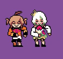 Rule 34 | 2girls, :&gt;, = =, ahoge, animated, animated gif, ascot, blush stickers, brown hair, cecilia immergreen, cecilia immergreen (1st costume), dancing, deltarune, detached sleeves, dress, emico otero, full body, gigi murin, gigi murin (1st costume), green dress, green hair, hololive, hololive english, long sleeves, multicolored hair, multiple girls, orange shrug, purple background, red ascot, short hair, simple background, smile, twintails, two-tone hair, v-shaped eyebrows, virtual youtuber, white hair, white sleeves