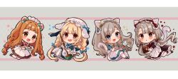 4girls animal_ears apron bear_ears black_shoes blonde_hair blue_bow blue_dress blue_eyes blue_shoes blush book bow braid broom brown_dress brown_eyes brown_hair cake cake_slice cat_ears cat_tail chibi commentary_request cup dress ear_bow fake_animal_ears fake_tail food frilled_apron frills futaba_anzu grey_background grey_hair hat highres hisakawa_hayate hisakawa_nagi holding holding_book holding_broom holding_plate holding_tray ichihara_nina idolmaster idolmaster_cinderella_girls idolmaster_cinderella_girls_starlight_stage long_hair looking_at_viewer low_twintails maid maid_apron maid_headdress mob_cap multiple_girls pantyhose parted_lips plate rabbit_ears rino_cnc shoes siblings sisters star_(symbol) tail teacup teapot tray twin_braids twins twintails v-shaped_eyebrows very_long_hair white_apron white_hat white_pantyhose