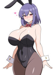 1girl absurdres black_leotard black_pantyhose blush bow bowtie breasts cleavage closed_mouth commentary covered_navel cowboy_shot detached_collar groin heart highres huge_breasts leotard looking_at_viewer nagae_iku pantyhose playboy_bunny purple_hair red_bow red_bowtie red_eyes short_hair simple_background smile solo ssaf_seibeupail touhou white_background wrist_cuffs