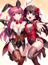 1boy 1girl :d absurdres animal_ears arm_around_waist bare_shoulders black_bow black_bowtie black_footwear black_gloves black_hair black_leotard black_thighhighs blush bow bowtie braid breasts brown_eyes brown_thighhighs c: cleavage closed_mouth commentary commission company_connection cosplay crown_braid cup curvy drinking_glass elbow_gloves english_commentary eyes_visible_through_hair fake_animal_ears fake_tail floppy_ears flower futaki_kanata glass gloves hair_between_eyes hair_flower hair_ornament haizakura_(prima_doll) haizakura_(prima_doll)_(cosplay) hand_up happy high_heels highleg highleg_leotard highres holding holding_tray hug karasuba_(prima_doll) karasuba_(prima_doll)_(cosplay) key_(company) large_breasts leotard little_busters! long_hair looking_at_viewer naoe_riki open_mouth outstretched_arm playboy_bunny pom_pom_(clothes) pom_pom_hair_ornament prima_doll_(anime) purple_hair rabbit_ears rabbit_tail red_bow red_bowtie red_flower red_rose rose second-party_source shiny_skin side-by-side simple_background skeb_commission smile standing standing_on_one_leg strapless strapless_leotard tail tareme thighhighs thighs trap tray tsurime very_long_hair white_wrist_cuffs wine_glass wrist_cuffs yellow_background yellow_eyes zen_(kamuro)