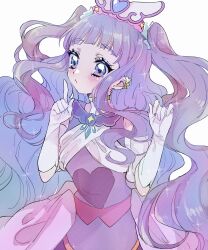 1girl absurdres blue_bow blue_eyes blush bow choppy_bangs closed_mouth commentary cure_majesty dress elbow_gloves ellee-chan eyelashes gloves gold_choker hair_bow hands_up highres hirogaru_sky!_precure index_finger_raised long_hair magical_girl precure prussian_blue purple_dress purple_hair short_bangs simple_background sleeveless sleeveless_dress solo two_side_up upper_body white_background white_gloves