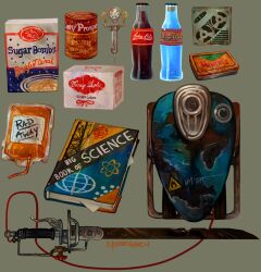 artist_name backpack bag book can canned_food cassette_tape cereal cereal_box drugs fallout fallout_3 fuel_tank medicine momo-deary nuka_cola object_focus shishkebab_(fallout) soda_bottle stimpak_(fallout) sword textbook valve weapon