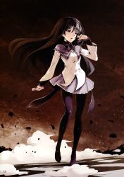 10s 1girl absurdres akemi_homura akemi_homura_(magical_girl) black_hair black_pantyhose black_theme checkered_floor dark female_focus floating_hair floor full_body glasses hairband highres holding long_hair long_sleeves magical_girl mahou_shoujo_madoka_magica mahou_shoujo_madoka_magica_(anime) open_mouth pantyhose purple_eyes purple_skirt red-framed_eyewear ribbon scan skirt smoke solo tiv walking
