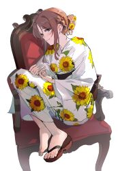 Rule 34 | 1girl, absurdres, bang dream!, bang dream! it&#039;s mygo!!!!!, blue eyes, blush, brown hair, chair, chinese commentary, closed mouth, commentary request, floral print, floral print kimono, flower, hair flower, hair ornament, highres, japanese clothes, kimono, lkria04, nagasaki soyo, obi, print kimono, sandals, sash, shoes, short hair with long locks, sidelocks, sideways sitting pose (han-0v0), simple background, single shoe, sitting, solo, sunflower print, white background, white kimono