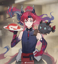 Rule 34 | 1boy, aqua eyes, arknights, bare shoulders, black headband, black shirt, blurry, blurry background, colored extremities, colored skin, dragon, dragon boy, dragon bubble (arknights), dragon horns, dragon tail, eastern dragon, eastern dragon horns, eastern dragon tail, fish (food), forked eyebrows, grin, hair intakes, hand on own hip, headband, highres, horns, hui mieo, long hair, looking at viewer, male focus, plate, pointy ears, red hair, red skin, shirt, sleeveless, sleeveless shirt, smile, solo, tail, upper body, watermark, weibo watermark, yu (arknights)