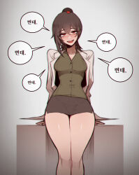 1girl brown_hair carmen_(project_moon) coat green_shirt high_ponytail highres lobotomy_corporation misg1111 ponytail project_moon red_eyes shirt skirt solo speech_bubble thick_thighs thighs translation_request white_coat