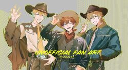 3boys ;d alternate_costume aqua_hair bandana bandana_around_neck belt belt_buckle black_belt black_jacket black_pants black_shirt blue_jacket brown_hat brown_pants buckle collared_shirt cowboy cowboy_fringe cowboy_hat cowboy_western cropped_jacket denim denim_jacket earrings embroidery fringe_trim fur_trim fushimi_gaku gradient_hair grin hand_in_pocket hand_on_headwear hand_on_own_hip hat high-waist_pants jacket jeans jewelry kitami_yusei leather leather_jacket looking_at_viewer male_focus medium_hair mole mole_under_eye multicolored_eyes multicolored_hair multiple_boys necktie nijisanji one_eye_closed open_clothes open_jacket open_mouth orange_eyes orange_hair outline pants pink_eyes ponytail purple_eyes red_bandana ring riz3 shirt short_hair short_ponytail short_sleeves smile tie_clip twitter_username two-tone_eyes two-tone_hair upper_body usami_rito v virtual_youtuber wallet_chain waving western white_shirt wing_collar yellow_eyes yellow_nails yellow_necktie