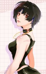 1girl artist_name bare_shoulders black_hair black_shirt breasts brown_eyes collar earrings highres inuha_dayo52 jewelry lips looking_at_viewer medium_breasts persona persona_5 shirt short_hair sleeveless solo takemi_tae upper_body white_background