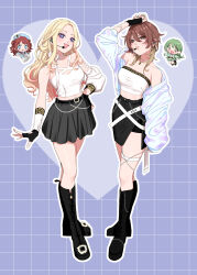 4girls aketa_mikoto belt black_boots black_gloves black_skirt blonde_hair blush boots breasts brown_hair chibi chibi_inset cropped_shirt earrings fingerless_gloves full_body gakuen_idolmaster gloves green_hair grid_background hanami_saki headset heart highres idolmaster idolmaster_shiny_colors in-franchise_crossover jacket jacket_partially_removed jewelry juo_sena knee_boots looking_at_viewer maou_(demonlord) medium_breasts midriff multicolored_hair multiple_girls nanakusa_nichika outline pink_hair pleated_skirt purple_background shirt skirt sleeveless sleeveless_shirt smile strapless streaked_hair thigh_strap tube_top two-tone_hair white_jacket white_outline white_shirt white_tube_top